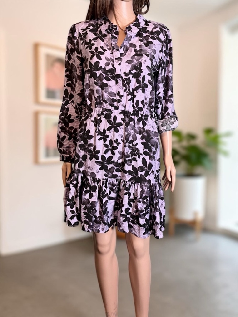 Simply Vera Vera Wang Purple Floral Shirt Dress S Collared Elastic Waist - Picture 4 of 7